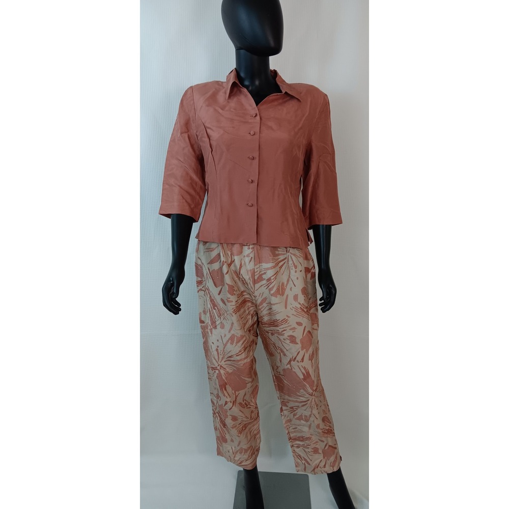 Papell Petites 12P Silk Beaded Floral Capri Pants and Blouse Set Terracotta
